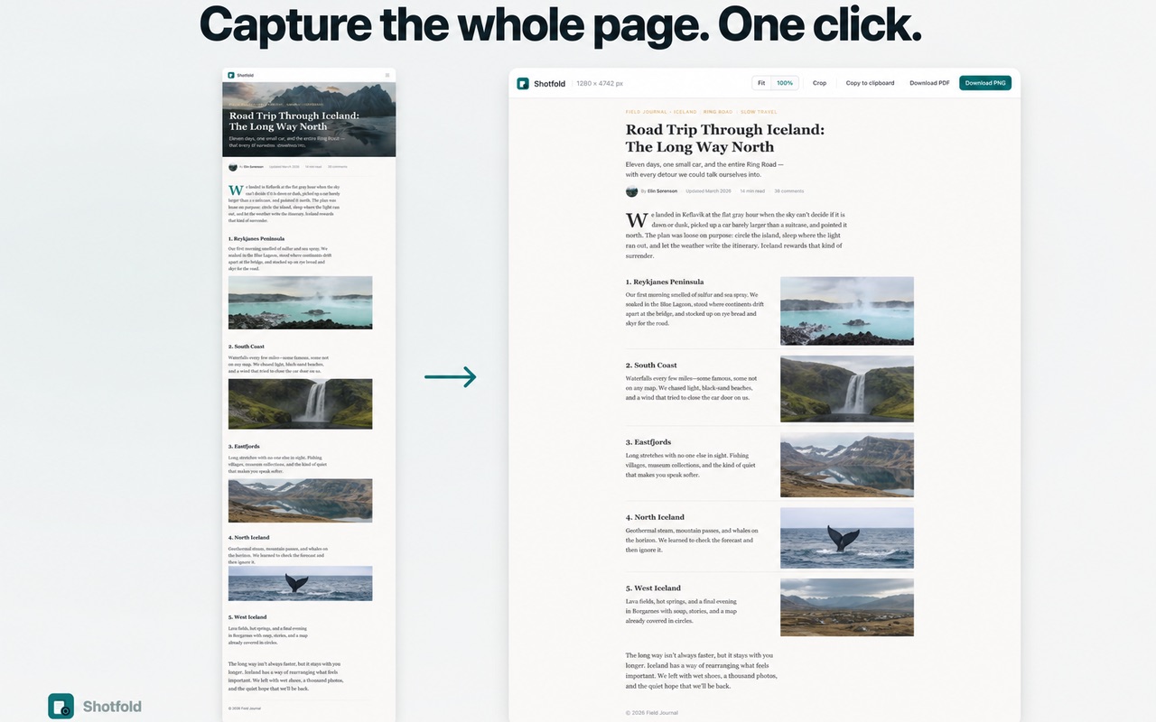 Side-by-side view showing a web page before and after a full-page capture in Shotfold