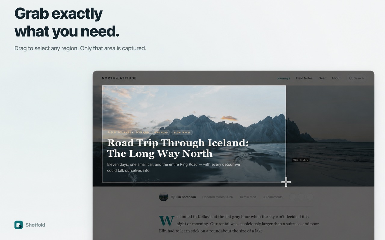 Shotfold region selection tool with a drag box highlighting a section of the captured page