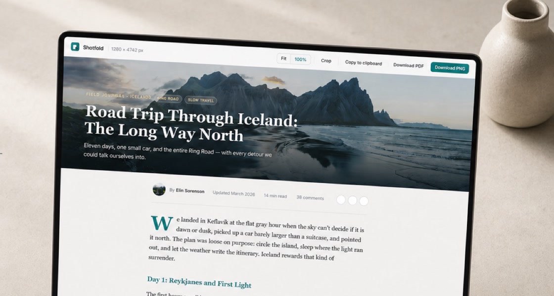 Laptop screen showing Shotfold's toolbar above a captured article measuring 1280 by 4742 pixels, stitched into one image